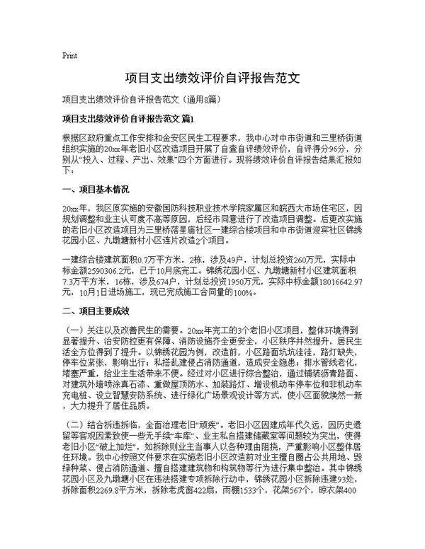 项目支出绩效评价自评报告范文8篇