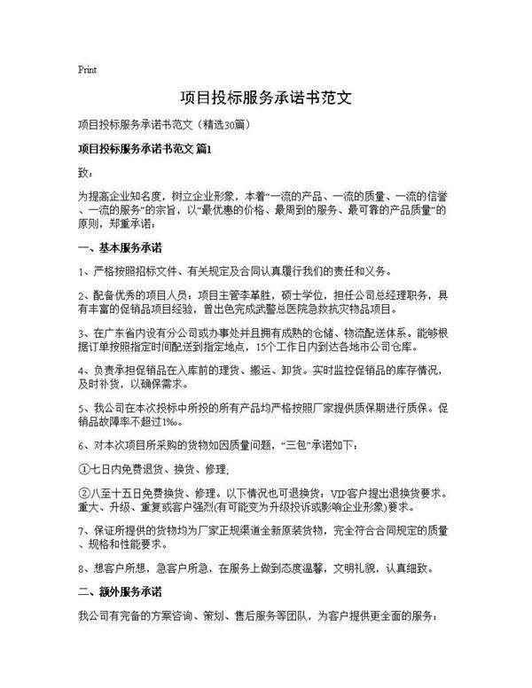 项目投标服务承诺书范文30篇