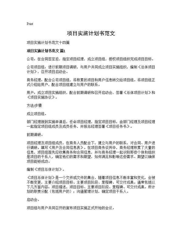 项目实施计划书范文