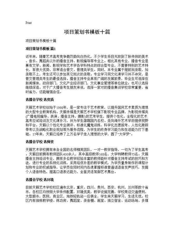 项目策划书模板十篇