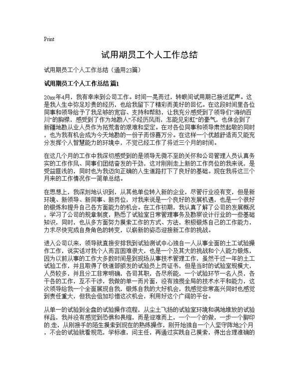 试用期员工个人工作总结23篇