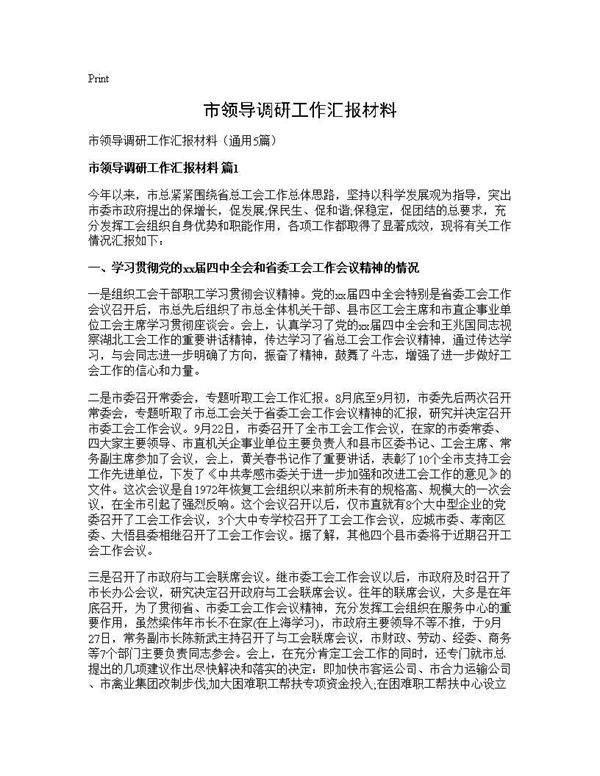 市领导调研工作汇报材料5篇