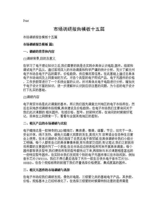 市场调研报告模板十五篇