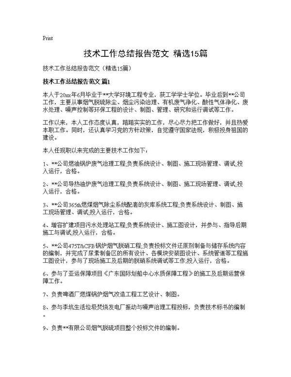 技术工作总结报告范文(精选15篇)