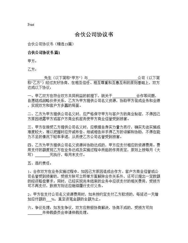 合伙公司协议书19篇