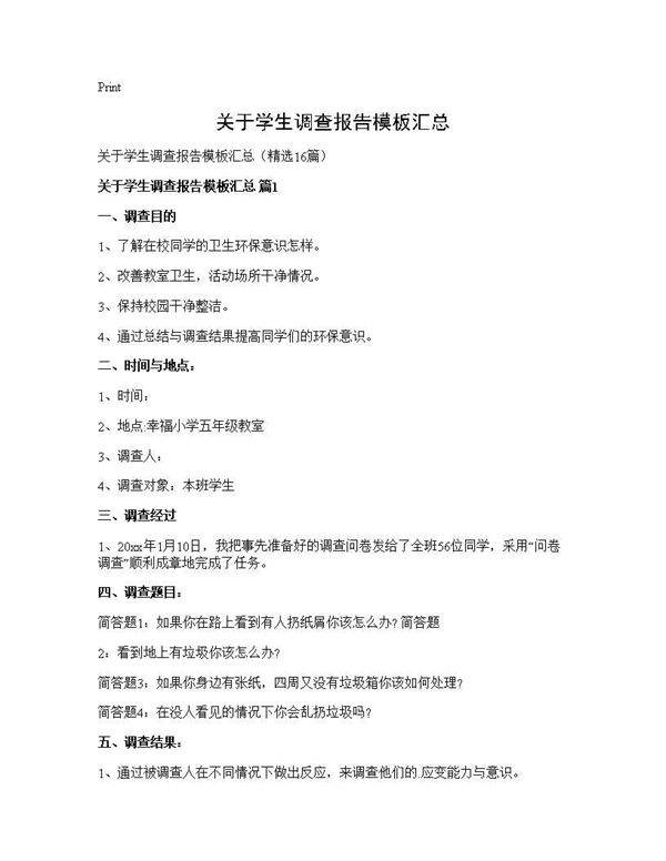 关于学生调查报告模板汇总16篇