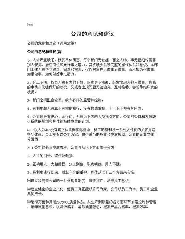 公司的意见和建议23篇