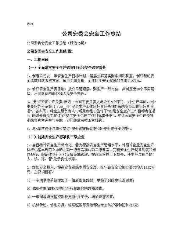 公司安委会安全工作总结15篇