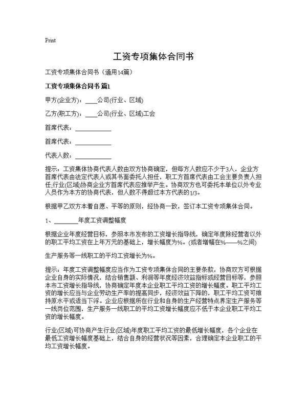 工资专项集体合同书14篇