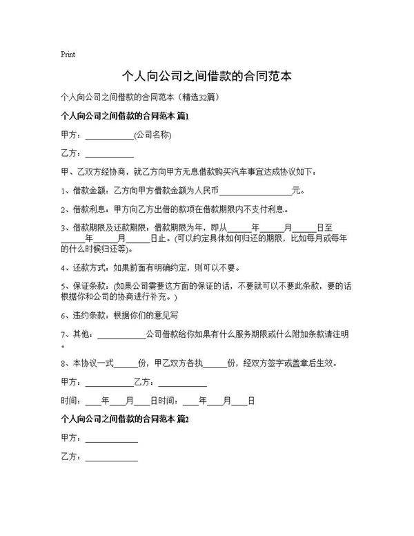 个人向公司之间借款的合同范本32篇