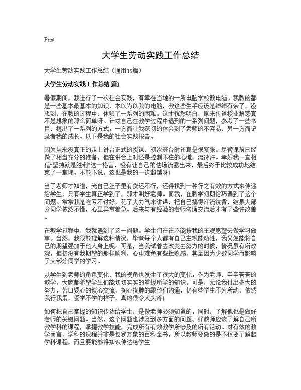 大学生劳动实践工作总结19篇