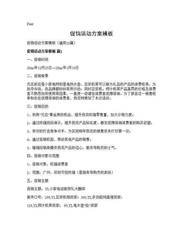 促销活动方案模板20篇