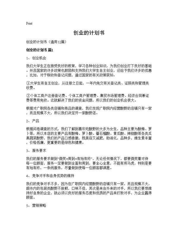 创业的计划书12篇