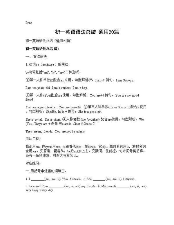 初一英语语法总结(通用20篇)