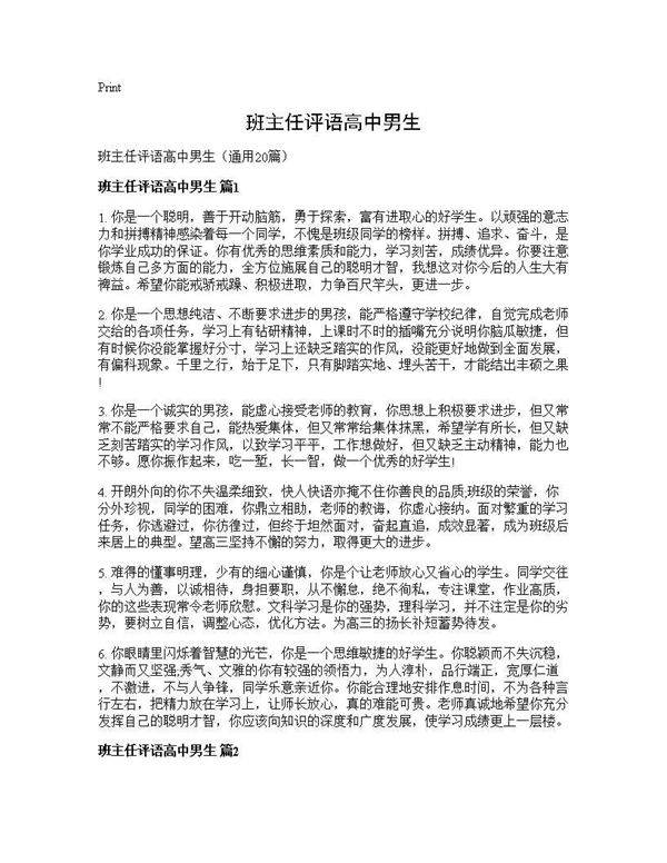 班主任评语高中男生20篇