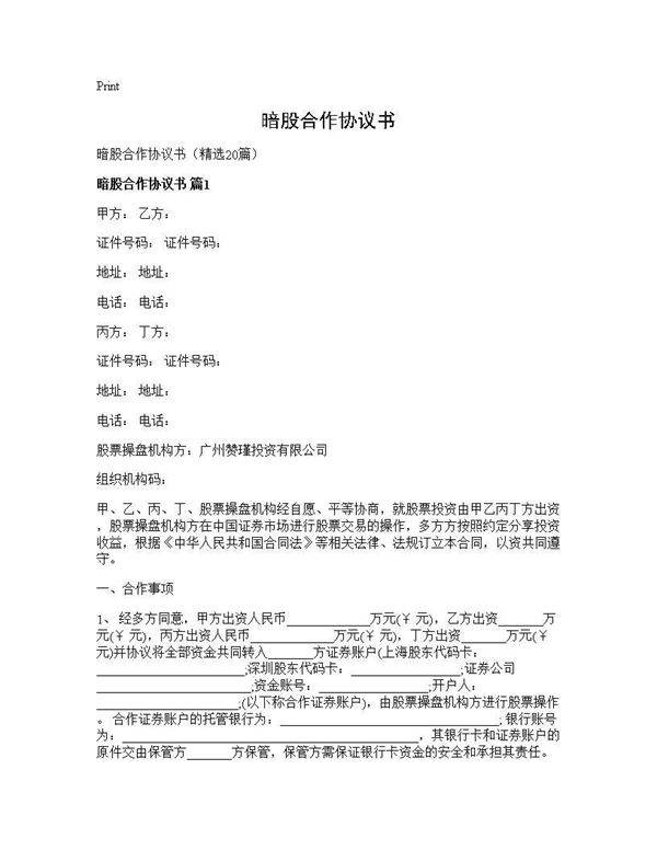 暗股合作协议书20篇