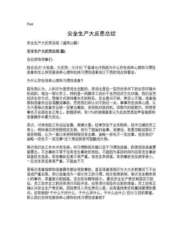 安全生产大反思总结20篇