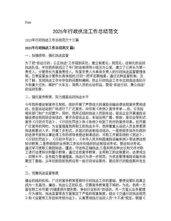 2025年行政执法工作总结范文
