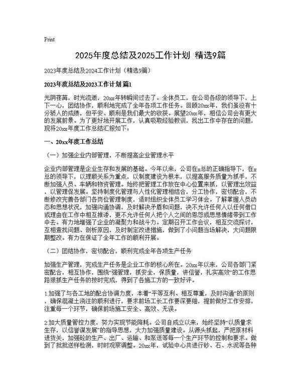2025年度总结及2024工作计划(精选9篇)9篇