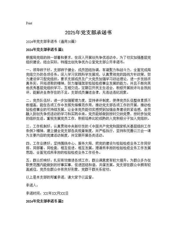 2024年党支部承诺书30篇