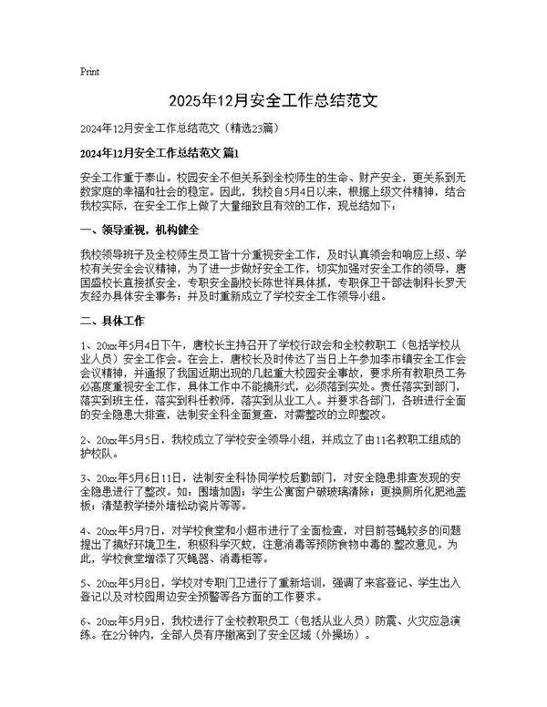 2024年12月安全工作总结范文23篇