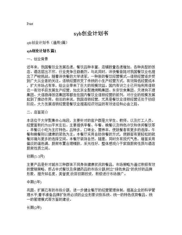 syb创业计划书5篇