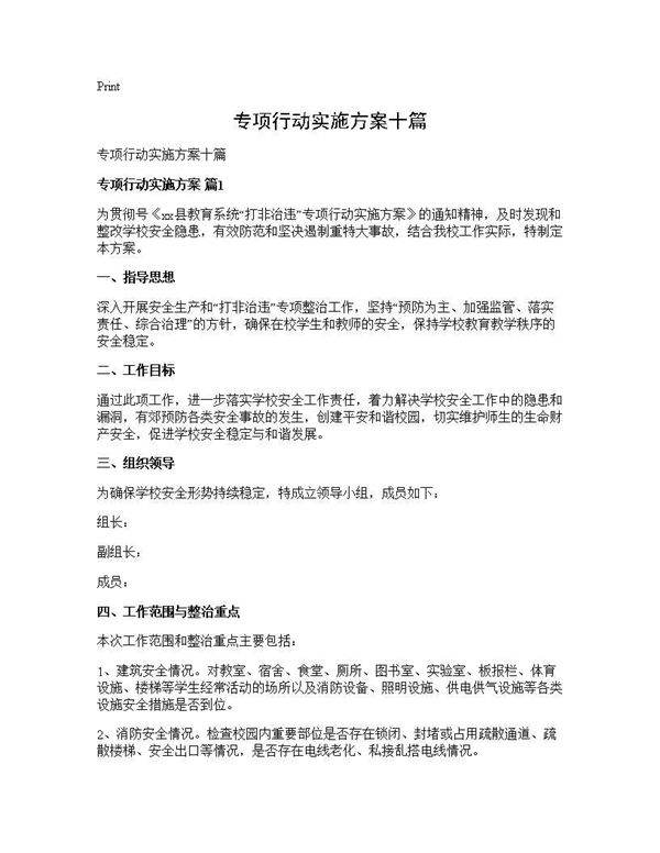 专项行动实施方案十篇
