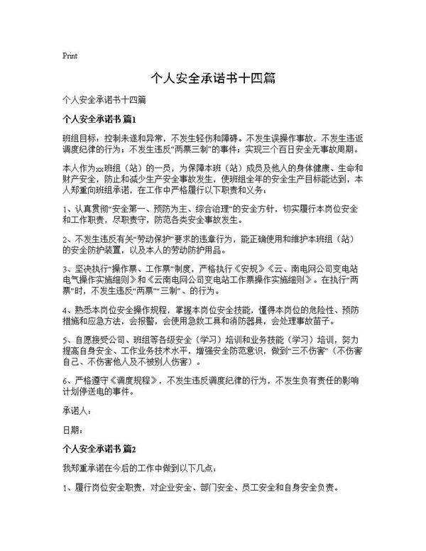 个人安全承诺书十四篇