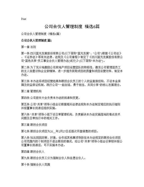 公司合伙人管理制度(精选6篇)