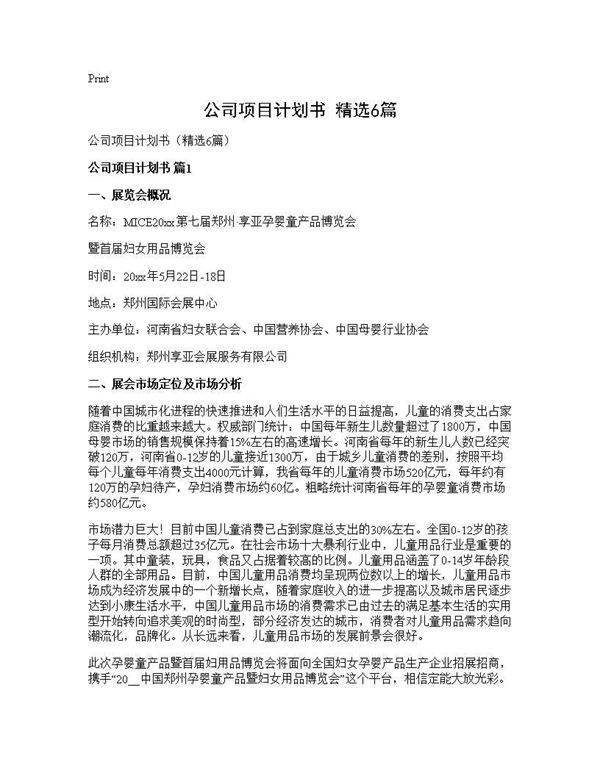 公司项目计划书(精选6篇)