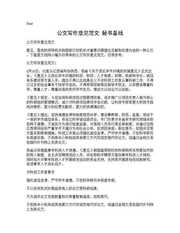 公文写作意见范文 秘书基础