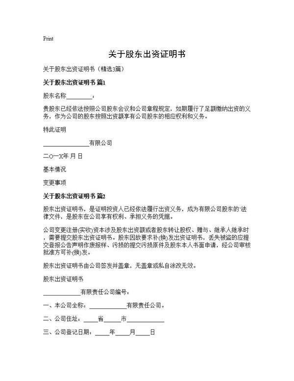 关于股东出资证明书3篇