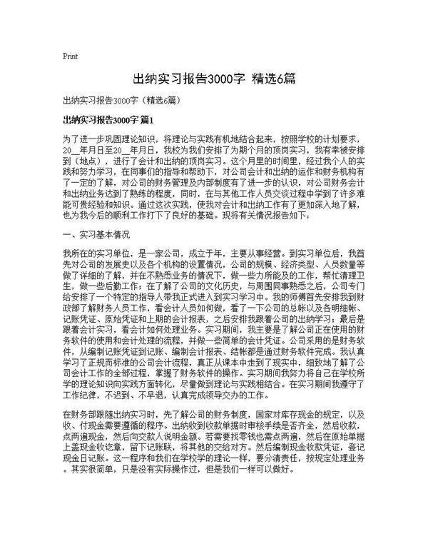 出纳实习报告3000字(精选6篇)