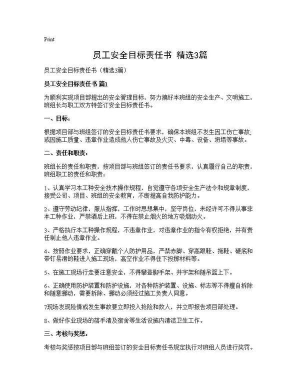 员工安全目标责任书(精选3篇)