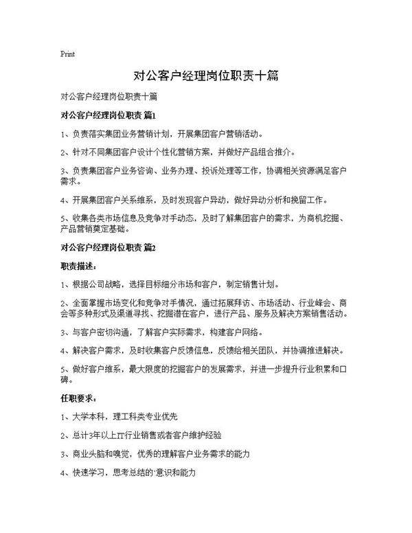 对公客户经理岗位职责十篇