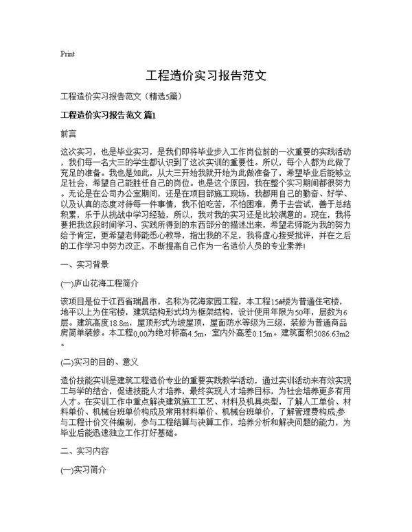 工程造价实习报告范文5篇