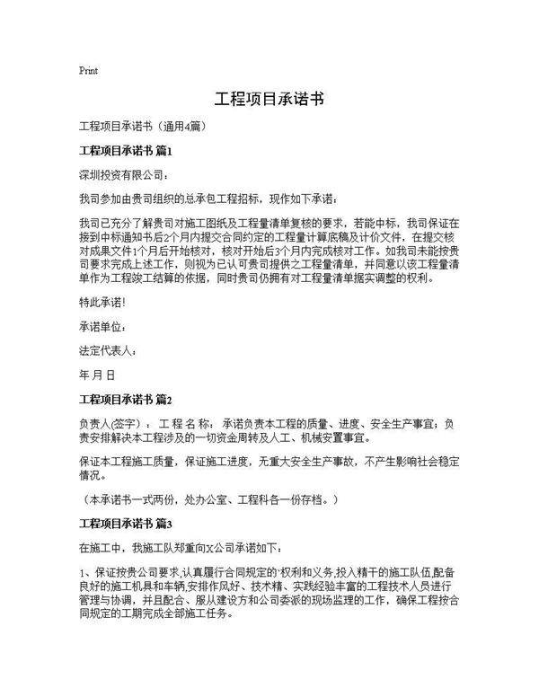 工程项目承诺书4篇