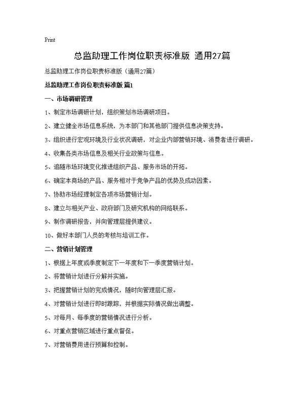 总监助理工作岗位职责标准版(通用27篇)