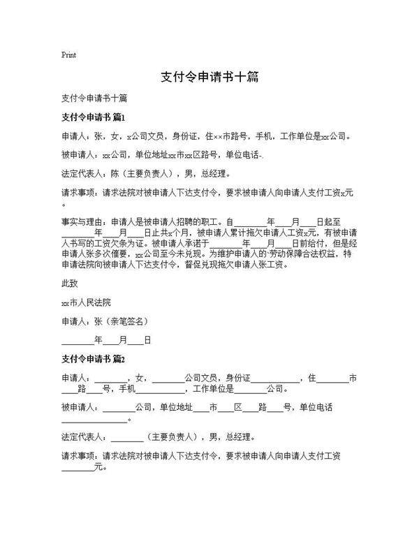 支付令申请书十篇