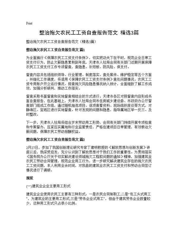 整治拖欠农民工工资自查报告范文(精选3篇)