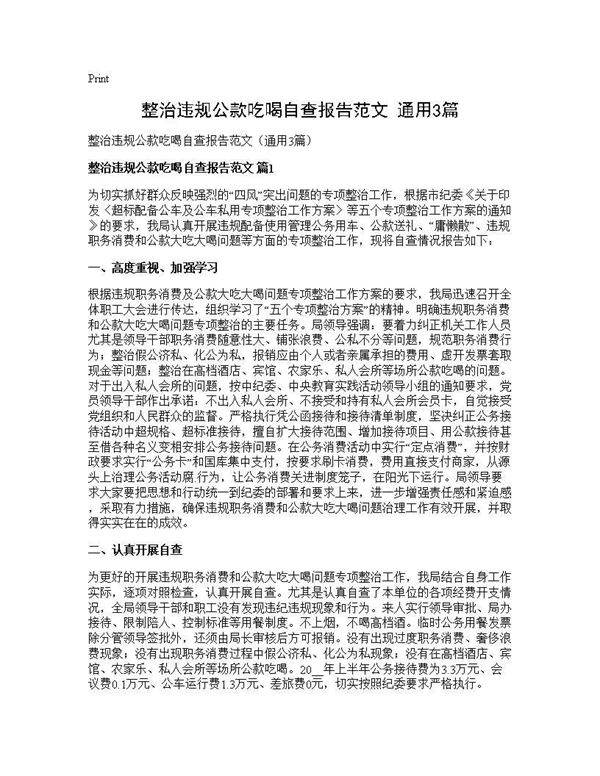 整治违规公款吃喝自查报告范文(通用3篇)