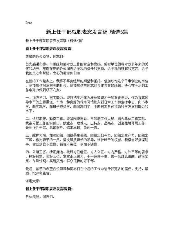 新上任干部就职表态发言稿(精选5篇)