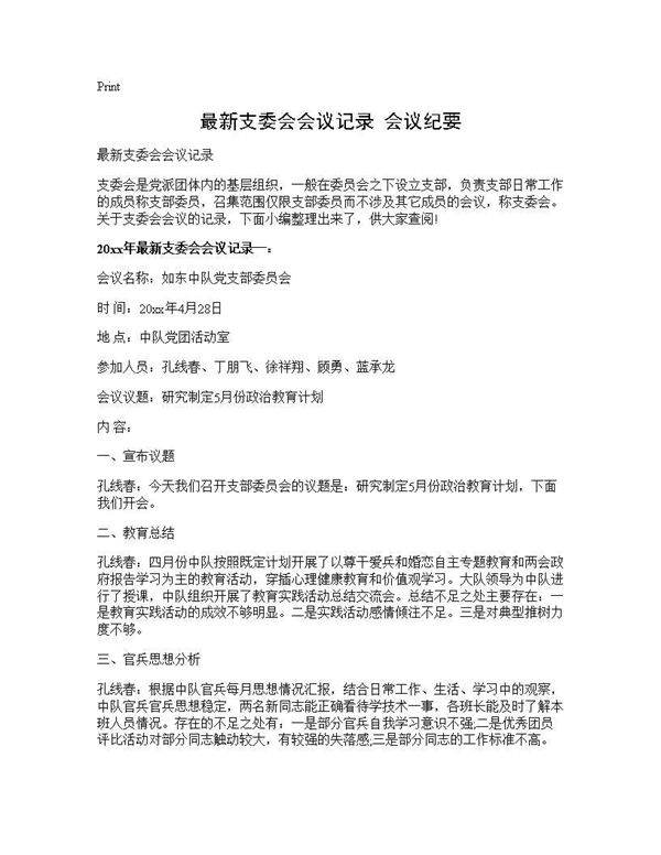 最新支委会会议记录 会议纪要