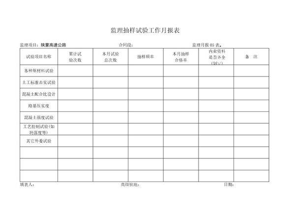 监理抽样试验工作月报表