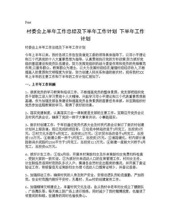 村委会上半年工作总结及下半年工作计划 下半年工作计划