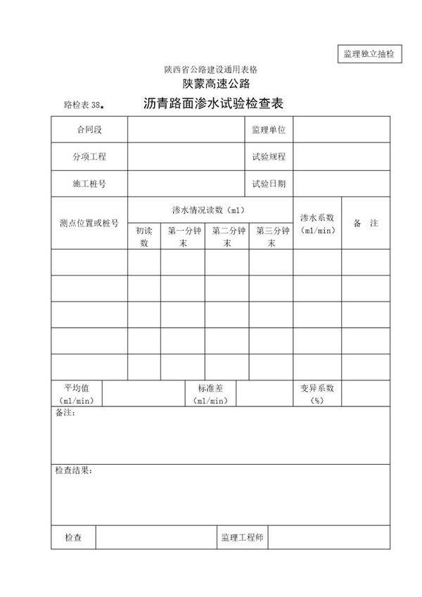 (监理)沥青路面渗水试验检查表