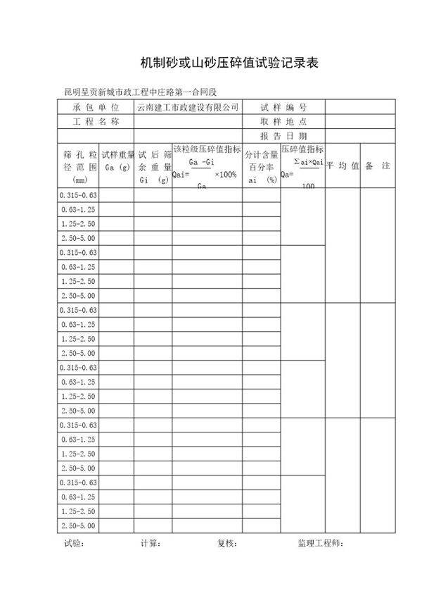 机制砂或山砂压碎值试验记录表
