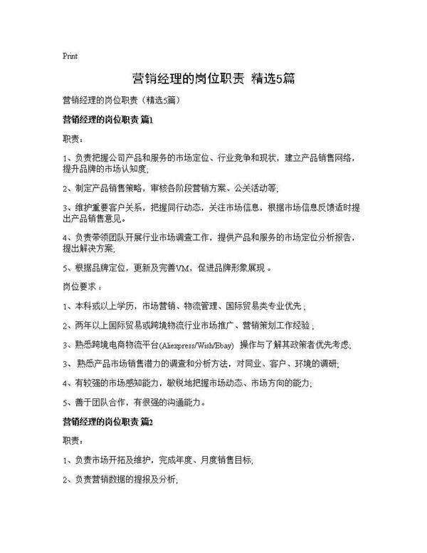 营销经理的岗位职责(精选5篇)