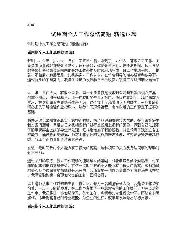 试用期个人工作总结简短(精选17篇)