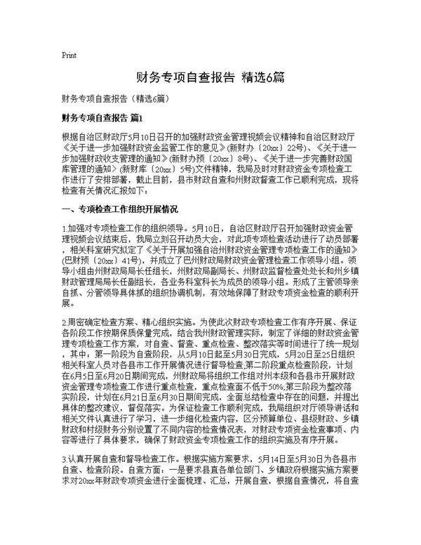 财务专项自查报告(精选6篇)